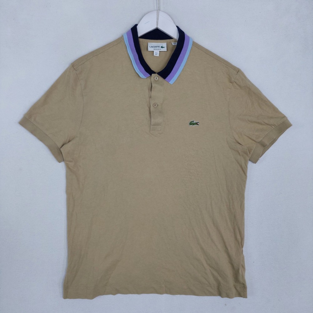 Lacoste Regular Fit Polo Shirt Mens Large Tan Beige Striped Collar DH4189